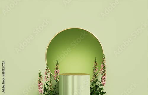 3D podium display on green background. Natural pink flowers and sun shadow. Cosmetic, beauty product promotion. Pedestal with frame. Studio showcase. 3D render illustration photo