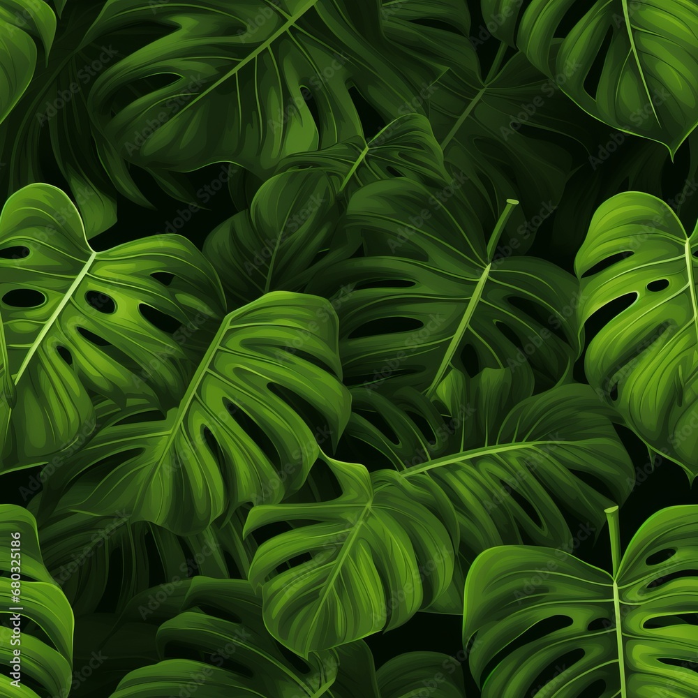 Obraz premium Tropical monstera leaf seamless pattern with lush green foliage on a captivatingly dark background