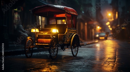 Traditional rickshaw in the street at night