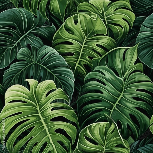 Lush and vibrant seamless pattern with dark green tropical monstera leaves in a mesmerizing display