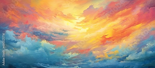 summer sky of Poland, an artist meticulously applies layers of vibrant oil paint onto the watercolor paper, creating an abstract design with intriguing patterns, textured drips, and a captivating