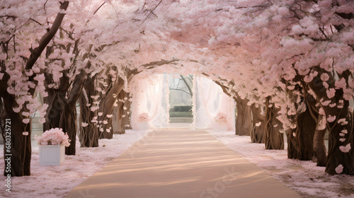Enchanting Cherry Blossom Canopy Lining a Peaceful Path, Enhanced with Soft and Pastel Tones to Convey a Delicate and Romantic Ambiance