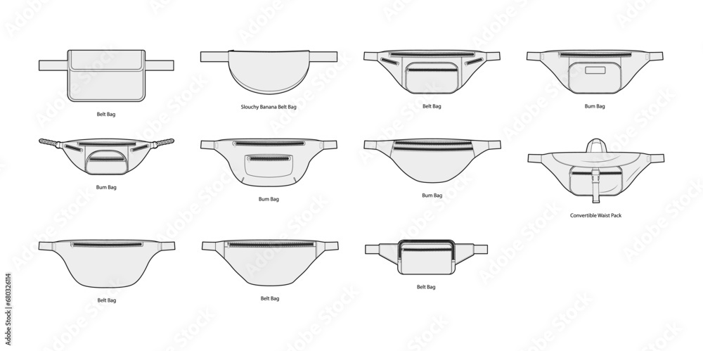 Set of Belt Bum silhouette bags. Fashion accessory technical illustration. Vector satchel front 3-4 view for Men, women, unisex style, flat handbag CAD mockup sketch outline isolated - obrazy, fototapety, plakaty 