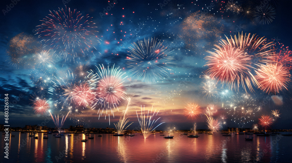 Enchanting Firework Display Lighting up the Night Sky, Enhanced with Bold and Vivid Tones to Convey a Festive and Joyous Atmosphere