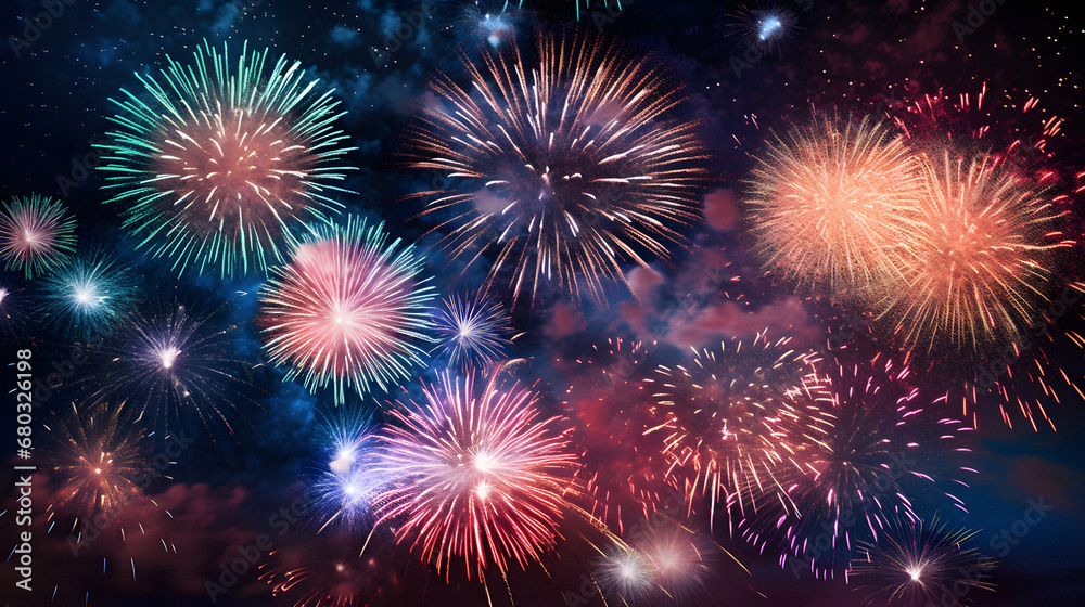 Enchanting Firework Display Lighting up the Night Sky, Enhanced with Bold and Vivid Tones to Convey a Festive and Joyous Atmosphere