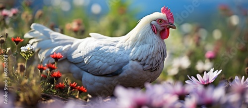 lush green fields, amongst the vibrant blossoms of flowers and plants, a beautiful chicken roams the outdoor haven of natures embrace.