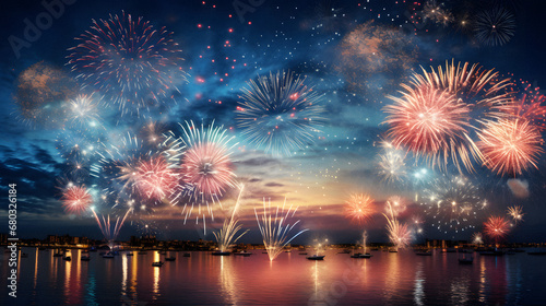 Enchanting Firework Display Lighting up the Night Sky, Enhanced with Bold and Vivid Tones to Convey a Festive and Joyous Atmosphere