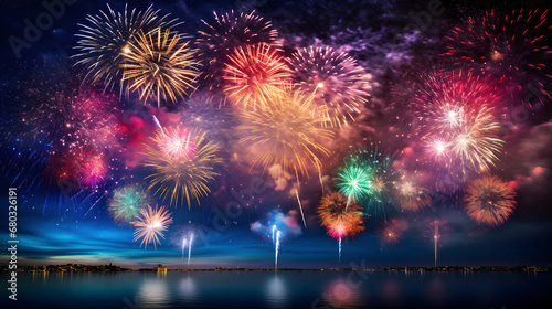 Enchanting Firework Display Lighting up the Night Sky, Enhanced with Bold and Vivid Tones to Convey a Festive and Joyous Atmosphere