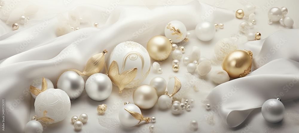 Holiday Spirit. White and Golden Christmas Balls on White, Symbolizing Christmas, Winter, New Year Holiday Spirit. White and Golden Christmas Balls on White, Symbolizing Christmas, Winter, New Year