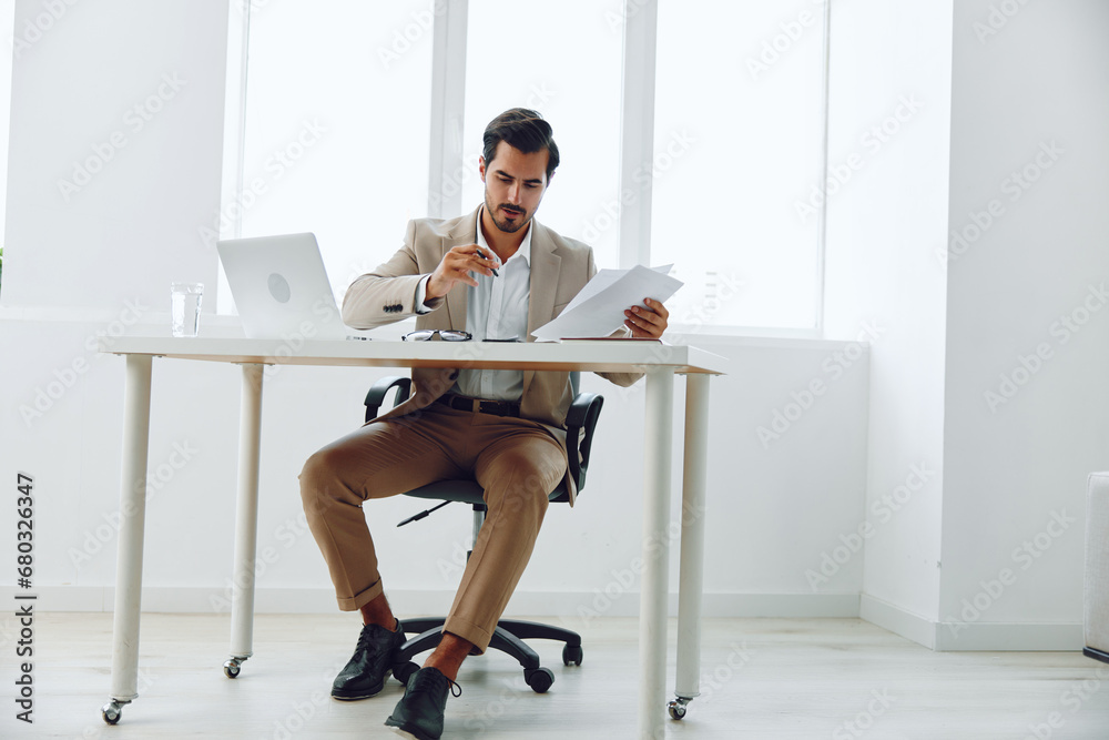 Paper laptop businessman holding planning office Paper laptop businessman holding planning office