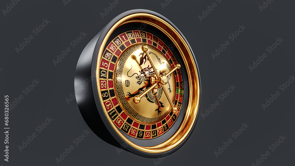 Roulette, colorful numbers and dragon pattern on red background on fly black roulette. Lucky casino. 3d rendering Roulette, colorful numbers and dragon pattern on red background on fly black roulette. Lucky casino. 3d rendering