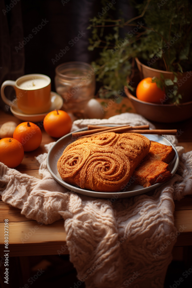 A plate of cinnamon buns on a table with oranges in the background. A plate of cinnamon buns on a table with oranges in the background.