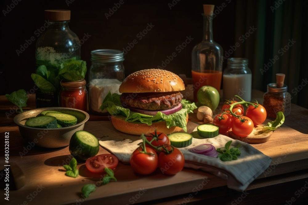 Burger and Ingredients on Wooden Table Burger and Ingredients on Wooden Table