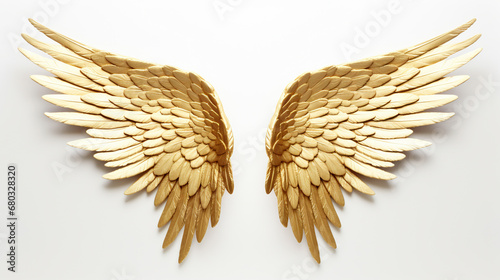 Golden angel wings on white background, AI Generative. © Miry Haval