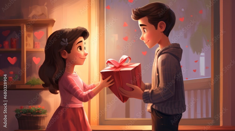A boy surprising a girl with a Valentines Day gift AI generated illustration A boy surprising a girl with a Valentines Day gift AI generated illustration