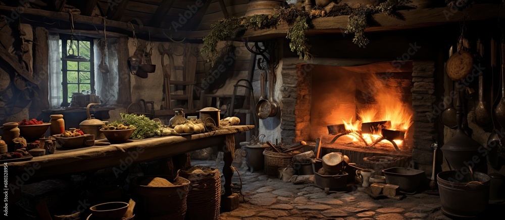 People gather around a cozy fire in their wooden house, where the aroma of freshly baked bread and muffins fills the air, showcasing the art of cooking amidst natures beauty, with metal equipment that