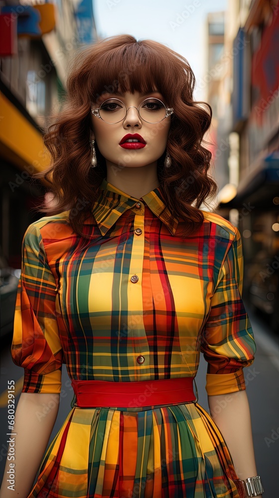 Portrait of a young dark-haired and light eyes woman wearing a colorful dress with geometric print Portrait of a young dark-haired and light eyes woman wearing a colorful dress with geometric print