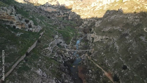 Aerial view of the Tibetan bridge in the city of Matera in Basilicata famous for the Sassi di Matera
