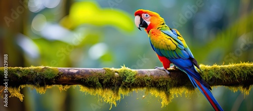 In the colorful landscape of the Amazon, a beautiful bird with vibrant feathers perches on a branch, close and isolated against a white background, showcasing its cute and portrait-like appearance photo