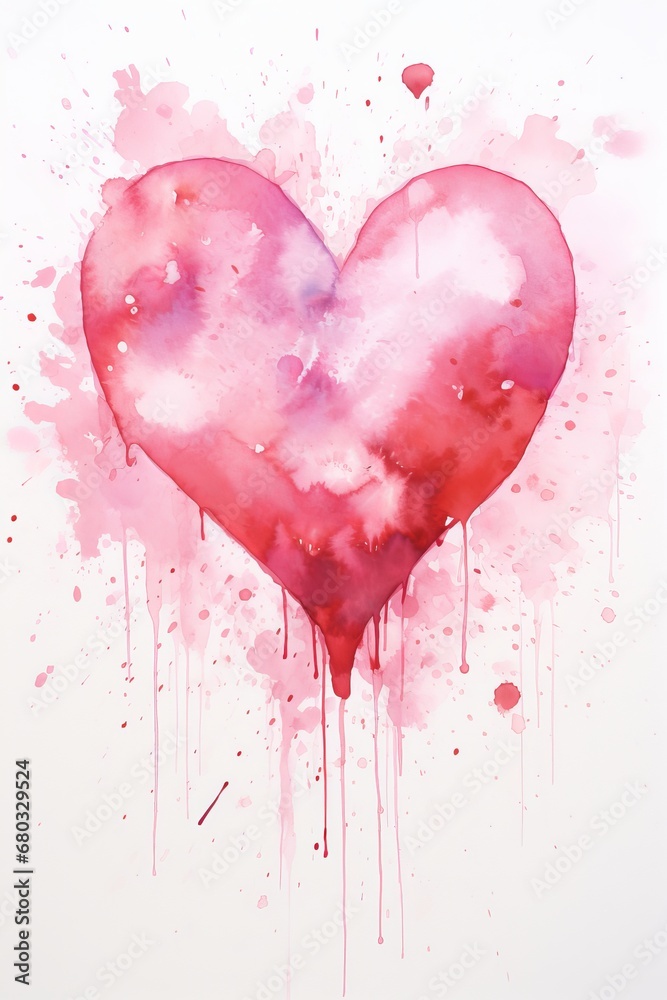 A gentle watercolor splash in pink tones as the backdrop for a large valentine red heart AI generated illustration