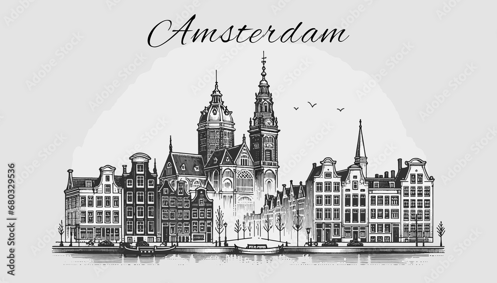 Amsterdam Skyline Panorama - Vektor-Illustration