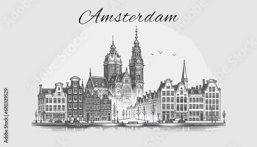 Amsterdam Skyline Panorama - Vektor-Illustration