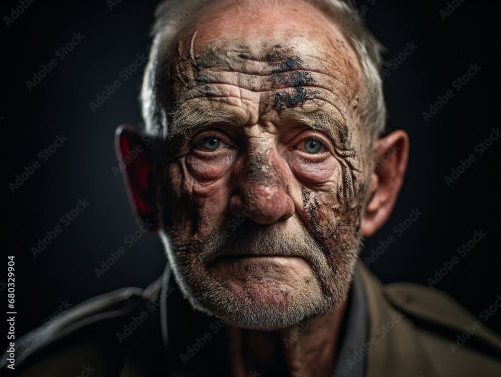 A battle-worn soldier contemplates the visible and invisible marks left by war. A battle-worn soldier contemplates the visible and invisible marks left by war.