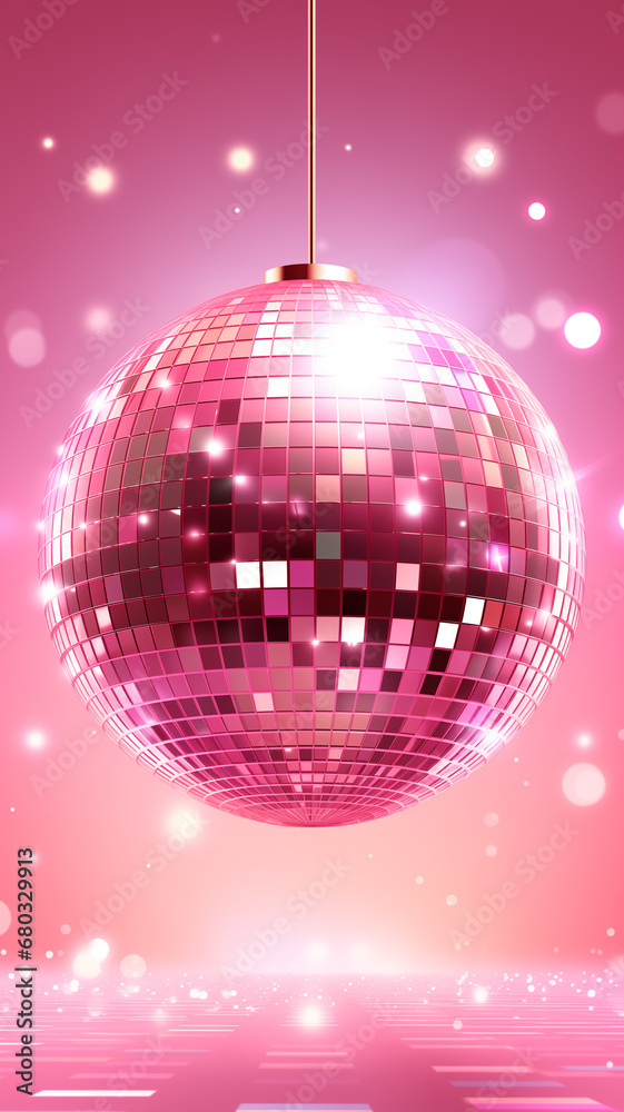 Obraz premium rosa pink Discokugel mit Lichtern und Lichteffekten und mit Platz für Text. Hochkant. Hochformat. Generative Ai.