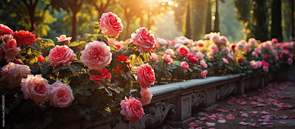 Obraz premium In the morning light of a summer day, nature came alive with vibrant hues of green foliage and colorful floral displays of roses, pink petals dancing in the breeze, as the vibrant red blooms added a