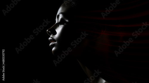 weibliches Beauty Model in seitlicher Pose. Low Key Portrait bei dramatischem Licht mit roten Lichteffekten. Querformat 16:9 Format. Generative Ai.