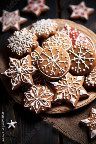 Charming iced cookies in the shapes of Christmas symbols AI generated illustration