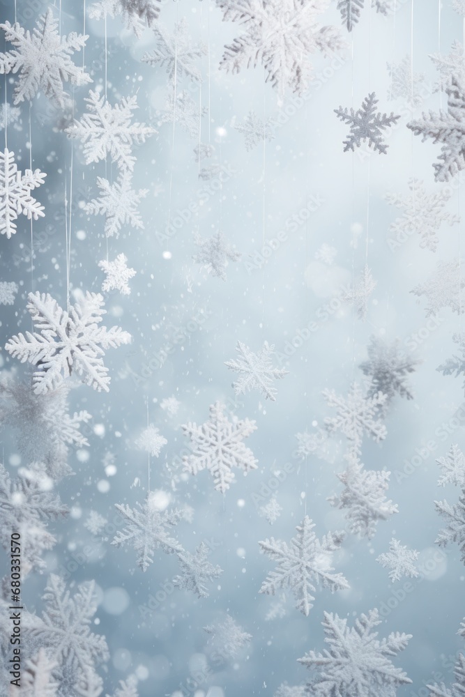 Close-up of snowflakes falling on a minimalist Christmas backdrop AI generated illustration