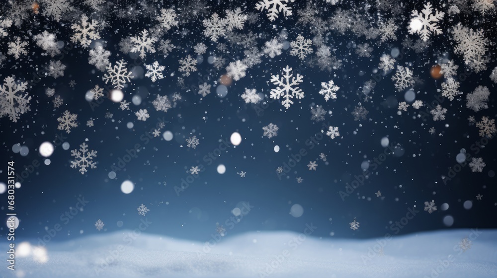 Fototapeta premium Close-up of snowflakes falling on a minimalist Christmas backdrop AI generated illustration