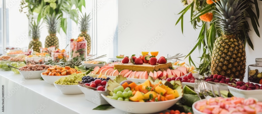 In the isolated white background, a party was taking place to celebrate a birthday. There was an abundance of food, including healthy fruit, cake, and freshly baked bread from the luxury bakery