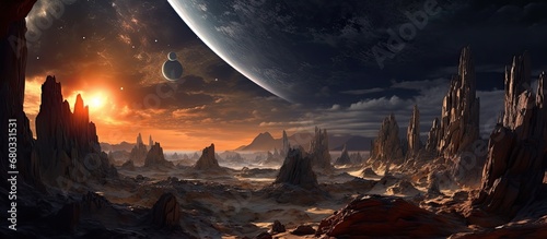 vast expanse of the universe, the black sky served as a stunning background for the luminous moon, casting a beautiful light upon the natural landscape below, where tourists marveled at the