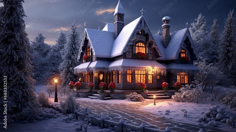 Cozy Christmas cottage nestled in a snow-covered forest AI generated illustration