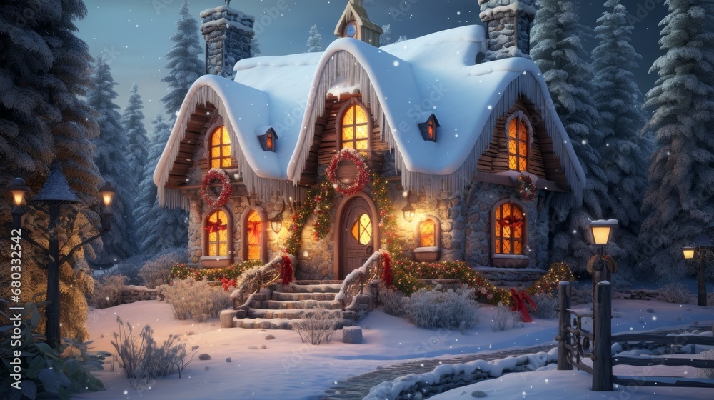 Cozy Christmas cottage nestled in a snow-covered forest AI generated illustration
