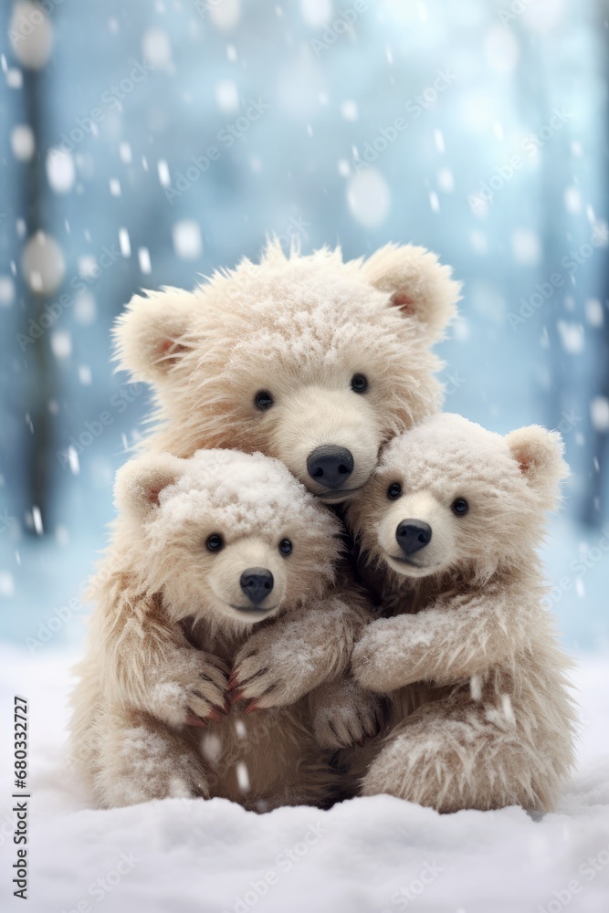 Cute Christmas teddy bears with a snowy macro backdrop AI generated illustration