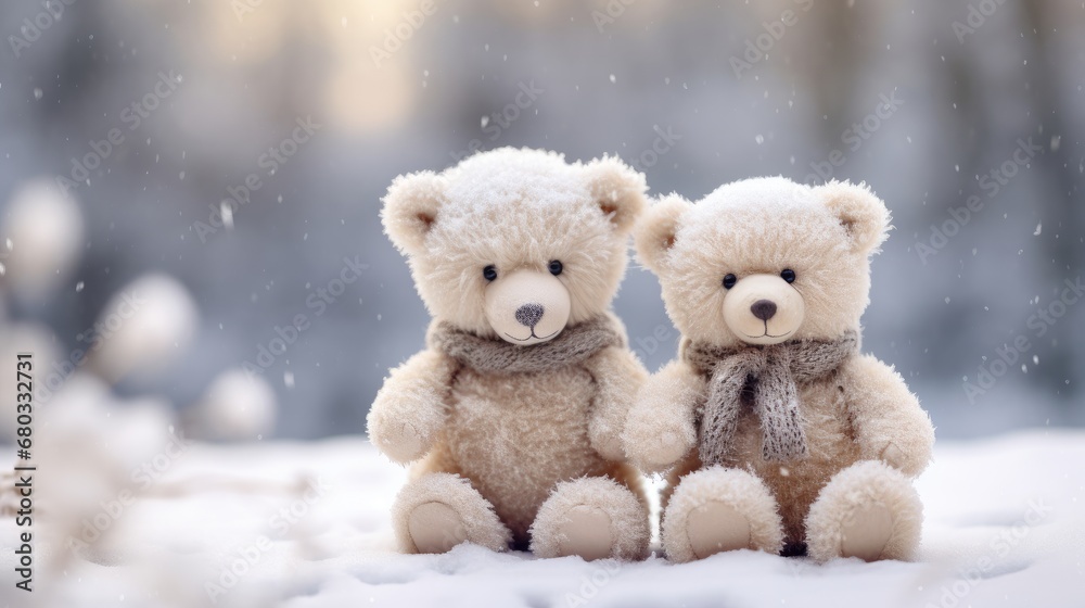 Cute Christmas teddy bears with a snowy macro backdrop AI generated illustration Cute Christmas teddy bears with a snowy macro backdrop AI generated illustration
