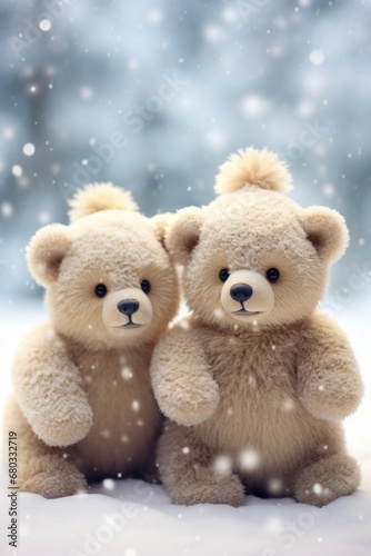 Cute Christmas teddy bears with a snowy macro backdrop AI generated illustration © ArtStage