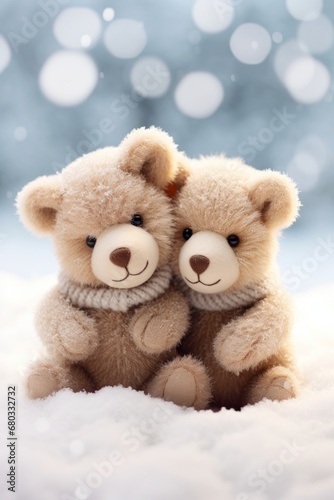 Cute Christmas teddy bears with a snowy macro backdrop AI generated illustration