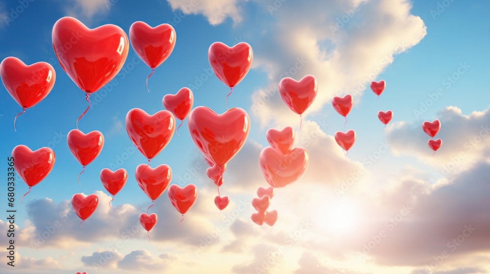 Heart-shaped balloons floating in the sky AI generated illustration