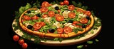 The iconic black logo of a famous food chain, isolated as an illustration, displayed a cartoonish pizza with a variety of vegetables, chicken, and cheese, appealing to both meat lovers and salad