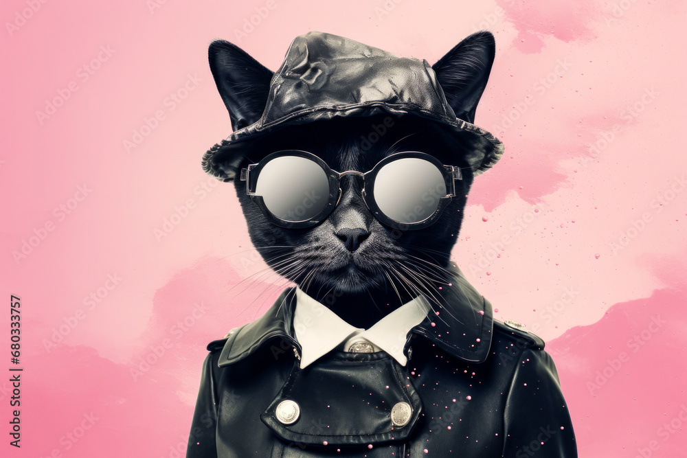 Portrait d'un chat hipster détective, costumé et portant un chapeau, sur fond rose. - obrazy, fototapety, plakaty 