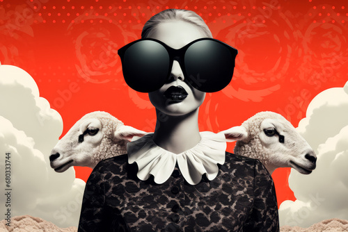 Portrait femme avec des grosses lunettes de soleil et des moutons sur fond rouge. photo
