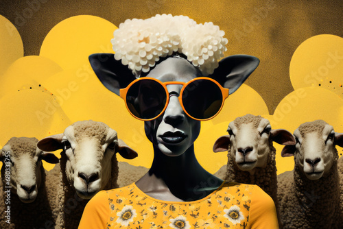 Femme mouton avec lunette de soleil et groupe de mouton. © Comme en pixels