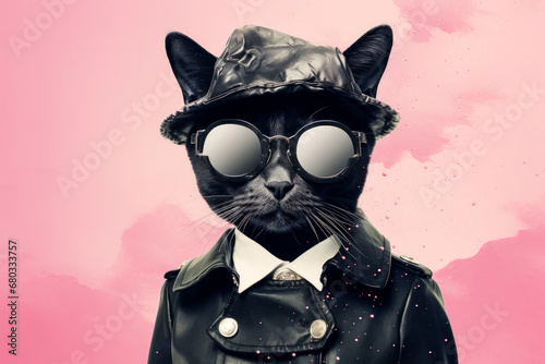 Portrait d'un chat hipster détective, costumé et portant un chapeau, sur fond rose. © Comme en pixels
