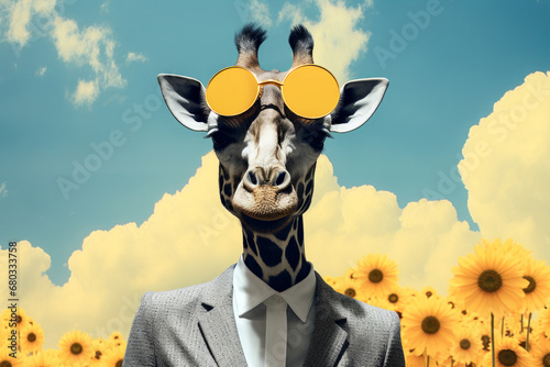 Girafe hipster avec des lunettes, portrait sur fond nuages. © Comme en pixels