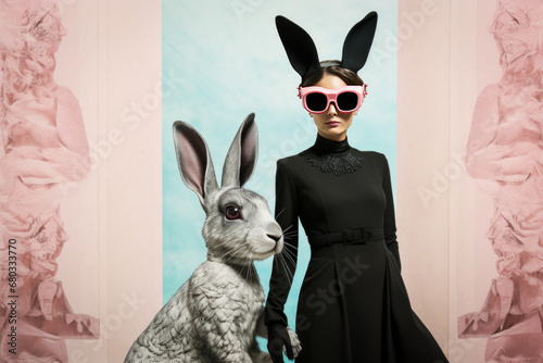 Portrait femme portant des oreilles de lapin et des lunettes à côté d'un lapin. © Comme en pixels