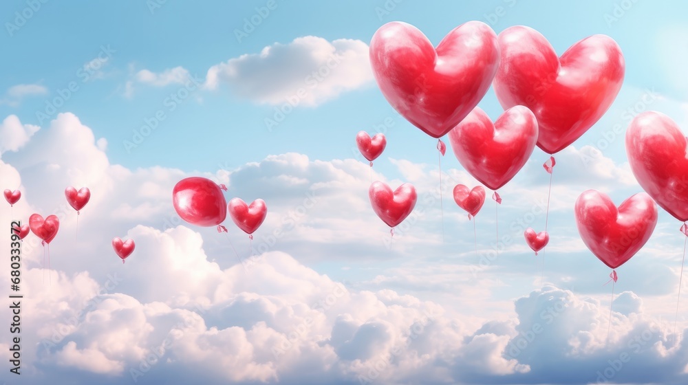 Heart-shaped balloons floating in the sky AI generated illustration